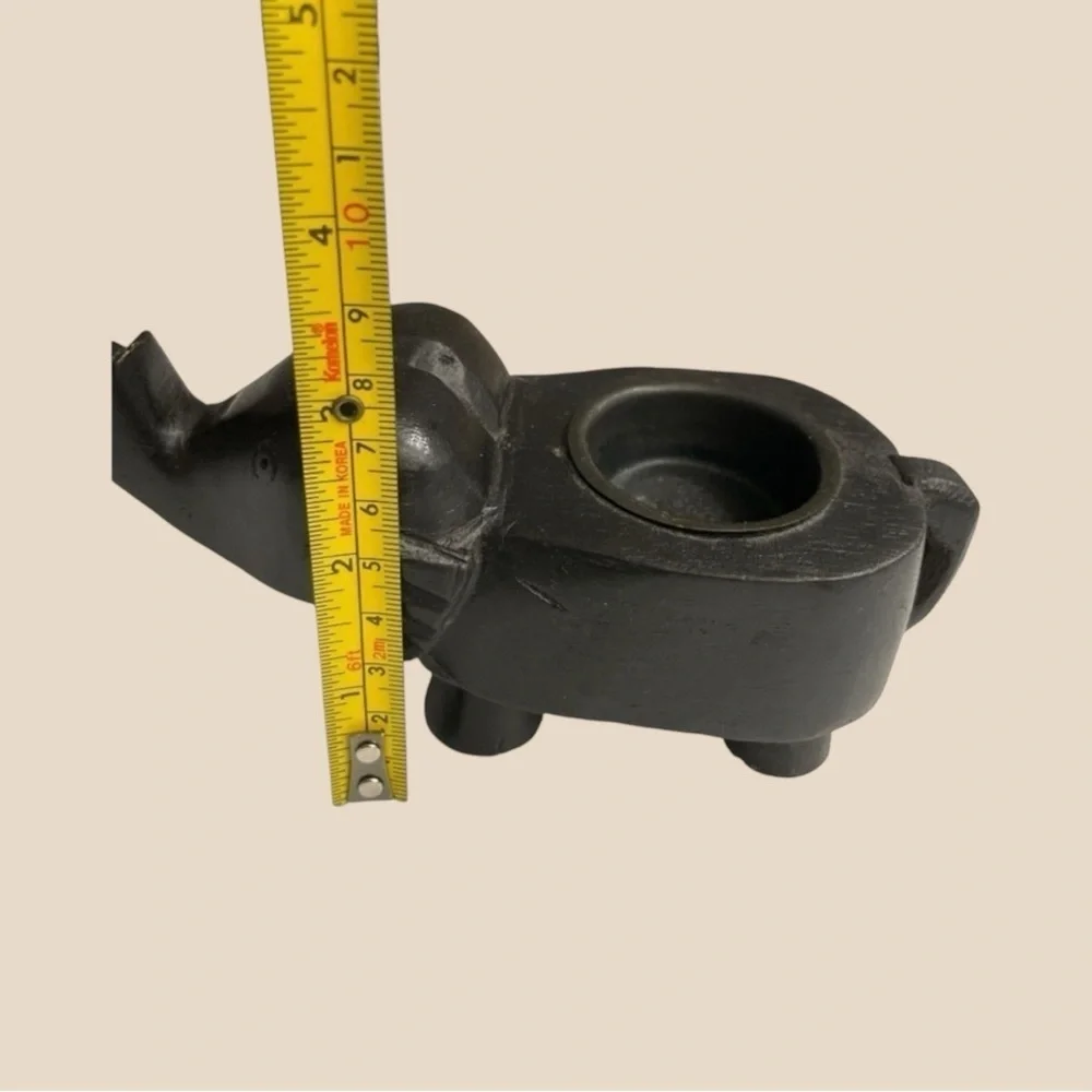 Vintage Black Elephant Tea Light Candle Holder Carved Wood Figurine 7